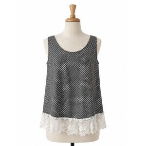 Farmhouse Frocks Tunic Tank Top Size Small Grey White Polka Dot Lace Trim